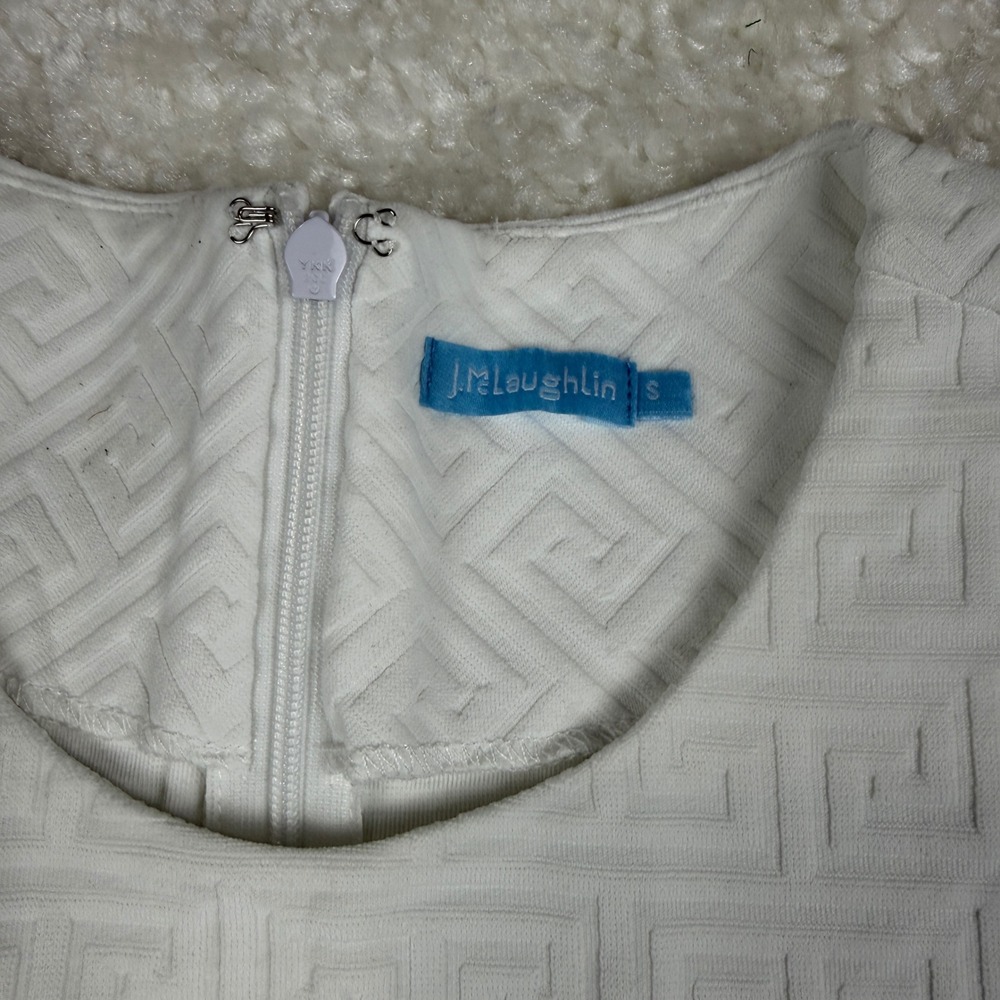 J.McLaughlin Catalina Cloth A-Line Dress Small White Greek Key Textured Pockets - Picture 2 of 7